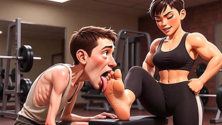 Strong Muscular Woman Makes Skinny Slave Lick Her Feet