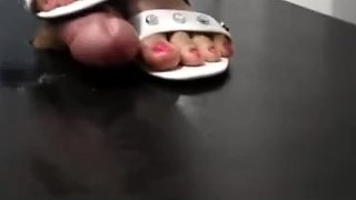 Only Asian Crush white sandals footjob on cockbox cum