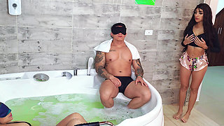 CUCKQUEAN! Her cheating husband is fucking the babysitter in front of her!