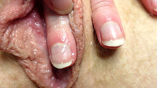 Playing with My Creamy Big Labia Pussy Closeup
