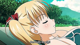 Blonde twin-tails green striped bikini on beach mat