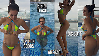Bikini, Spit on Boobs, Ahegao, Butt Tease in a Public Pool