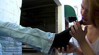 Wet T-shirt in the Workshop - Blonde Hoses Down Her Girlfriend and Licks Her
