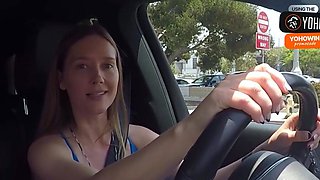 Amateur blond drains with toy in car