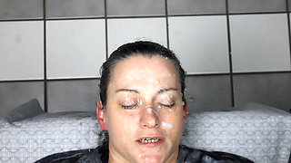 Eyes plastered shut with 2 big loads of cum