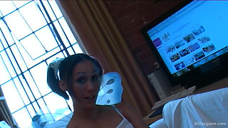 Sexy Ebony Babe Simone Banks Sucks off Two Big White Cocks and Eats a Big Load of Cum