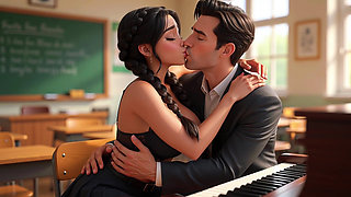 Sexy student in private piano lesson flirted with teacher and finally got his attention. She undressed and turned him on and the