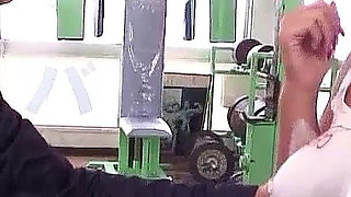 Asian teen with hairy pussy filmed in gym at gangbang