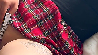 Horny Schoolgirl Fucks Her Pussy While Smoking with a Dildo