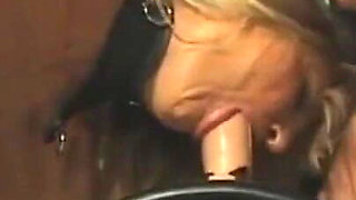 Humiliating wax play, dildo penetrated in huge piercing pussy pissing party