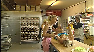 Mature slut and young lezzies in food fight