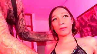 Chubby big tits shemale jerking her big cock