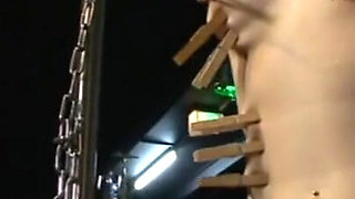 Hanging out pussy pinching humiliates