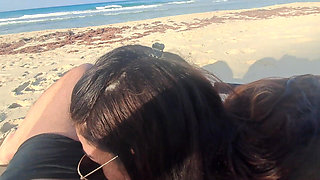 MILF Sucks Cock and Swallows Cum on the Beach POV