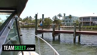 This lady sucks - small teen disrobes off her clothes and sucks on her dude friend\u2019s shaft by the dock