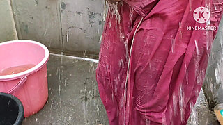 Indian House Wife Bathing Outside