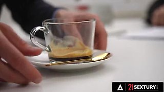 Sexy Secretary Angelika Grays Gets Double Teamed After Coffee - Blonde Babe Sloppy Blowjob & Standing Fuck