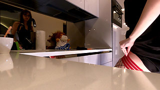 Hot and Horny Sexy Long Brunette Wife in Black Fishnet Stockings Takes Her Lace Panties off to Flash Pussy and Ass