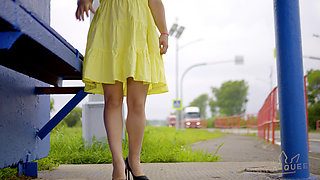 128 Subtle Outdoor Flirting with Passing Drivers at a Bus Stop. Do You Like My Legs? 60fps