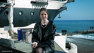 Young Russian Woman Smoking Cigarette Outdoor Terrace