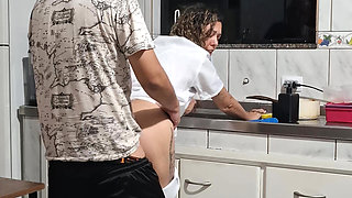 The maid got fucked in the ass in the kitchen while washing the dishes.