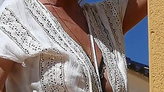 Outdoor Dildo Fucking Ass Spreading Anal Play in the Sun After Stripping in Stockings & Heels