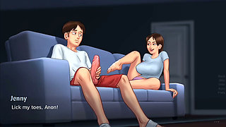 Debbie gives Anon's huge monster cock a surprise footjob - summertime saga gameplay