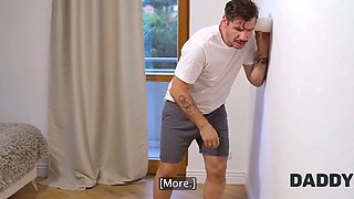 Flexible black-haired female gives deepthroat to older