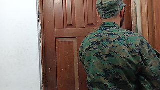 A doctor sensually gropes a soldier in the doctor's office during a consultation.