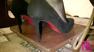 Vintage_sewing on My Granny's Old Sewing Machine in Black Pantyhose and Suede Louboutins