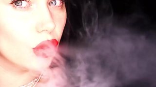 4K Applying crimson lip liner and smoking hookah on black background