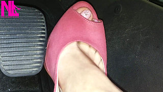 Barefoot Driving and Revving in Vivid Pink High Heeled Sandals