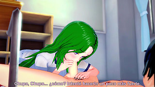 Busty green-haired schoolgirl has sex with her boyfriend after Hentai classes