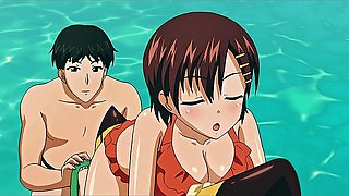 Brunette short hair orange ruffled bikini in pool