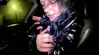 Night Pickup Downjacket MILF Fantasy, Smoking, Car Blowjob and Cum on Glossy Jacket