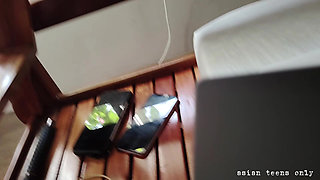 Tiny Tattooed Asian with Red Hair Rides White Cock in Warehouse