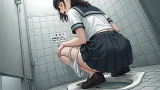 A female student squatting down in the bathroom, exposing her big butt