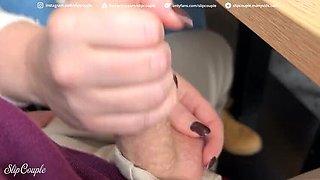 Blonde MILF gives perfect under table handjob in crowded restaurant - risky public fun!