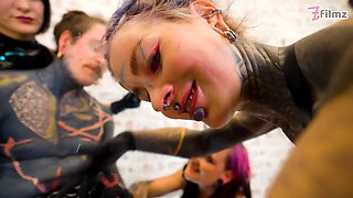 Three aggressive spandex princesses ruin tattooed victim with deep sounding & urethral fingering