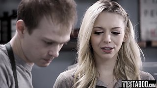 Blond hair babe barista fucks cheating BF in cafe