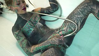 Heavily TATTOO model ANAL masturbation in shower