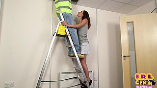 Teasing CFNM whore sucking and strokes workers hard one-eyed snake