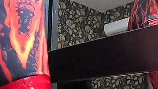 Red Nylon Jumpsuit Fetish - Cameltoe Tease, Deep Blowjob and Cum on My Downjacket