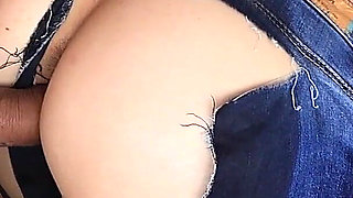 The Guy Tears His Jeans Right on His Girlfriend While Smearing Her with Oil