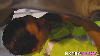 Car mechanic with huge boner gets to fuck a hot small beauty