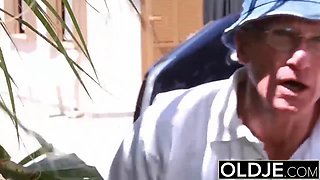 Old Man Catches Young Girlfriend Sucking His Cock Then Double Penetrates Her