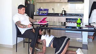 Step Sister Fucks Step Brother Under Table - Tight Pussy Creampie!