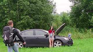 Skinny brunette teen Arwen Gold gets banged in the forest by horny couple