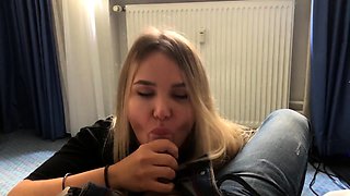Blonde Babe Gives Sloppy Blowjob and Swallows Cum