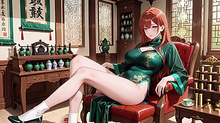 Red Hair & Emerald Qipao! Lazy Seduction in the Eastern Courtyard